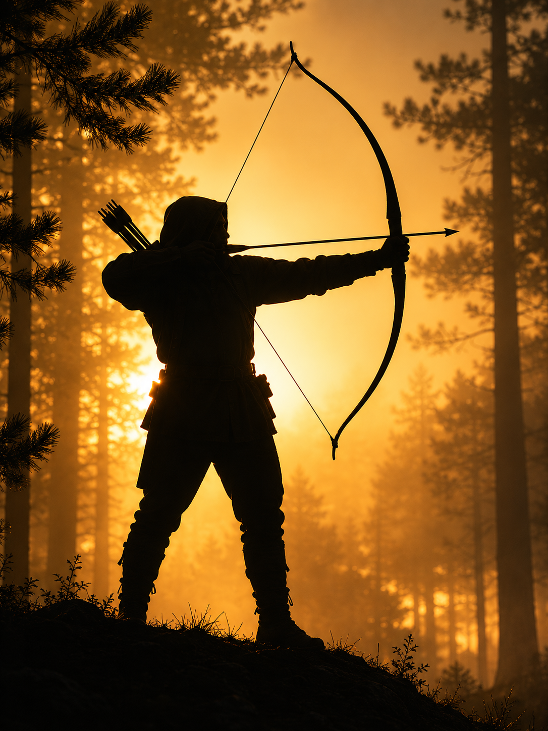Silhouette of a traditional archer at full draw in a misty pine forest