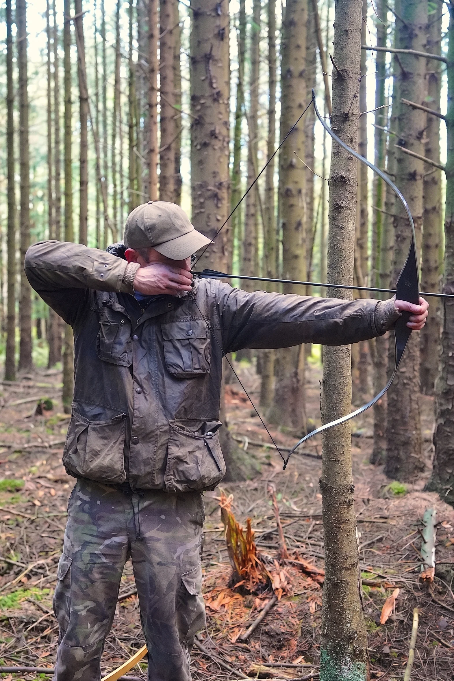 An archer at full draw between trees in Glenone Forest