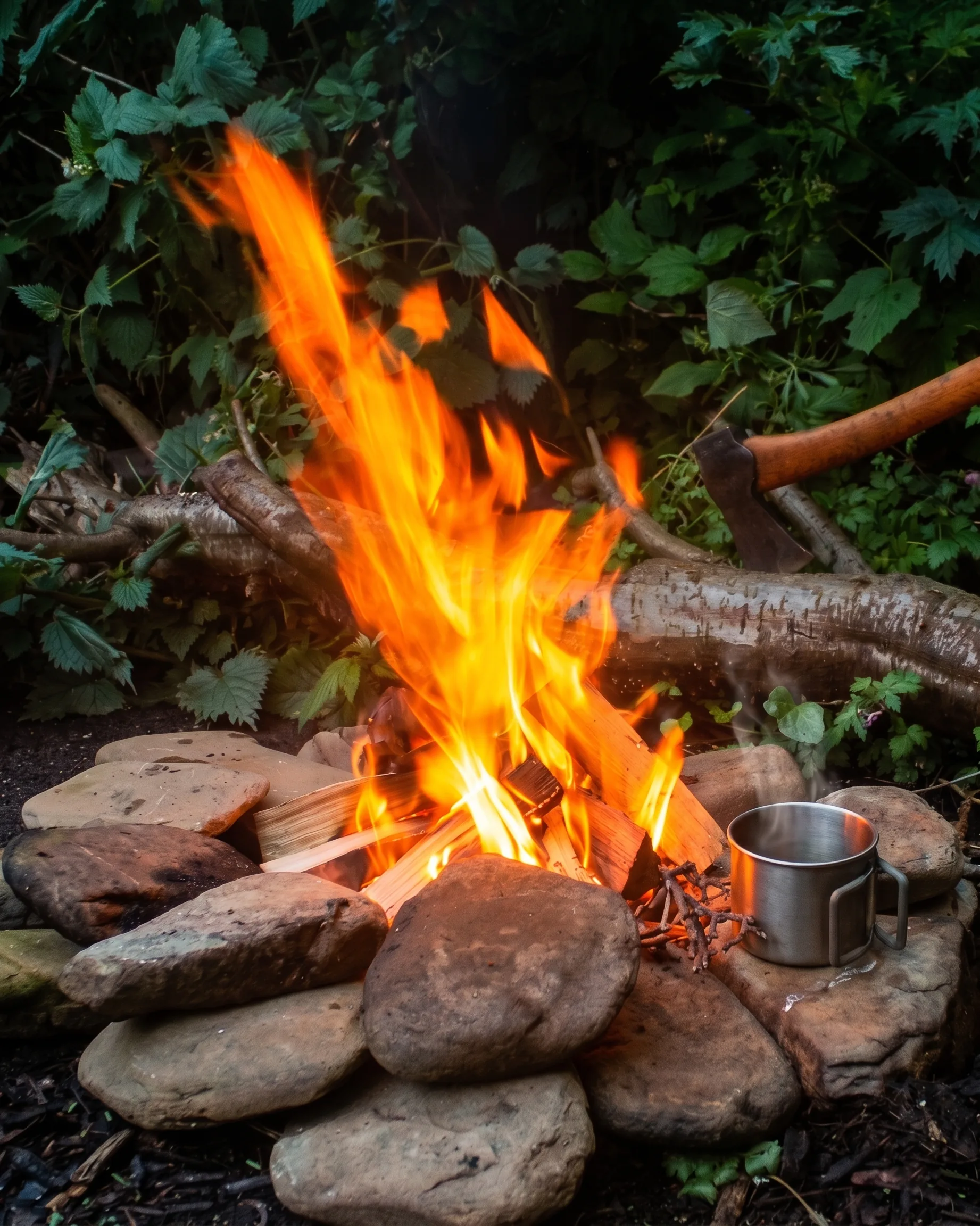 A campfire burning inside a stone fire ring with a field mug and axe nearby
