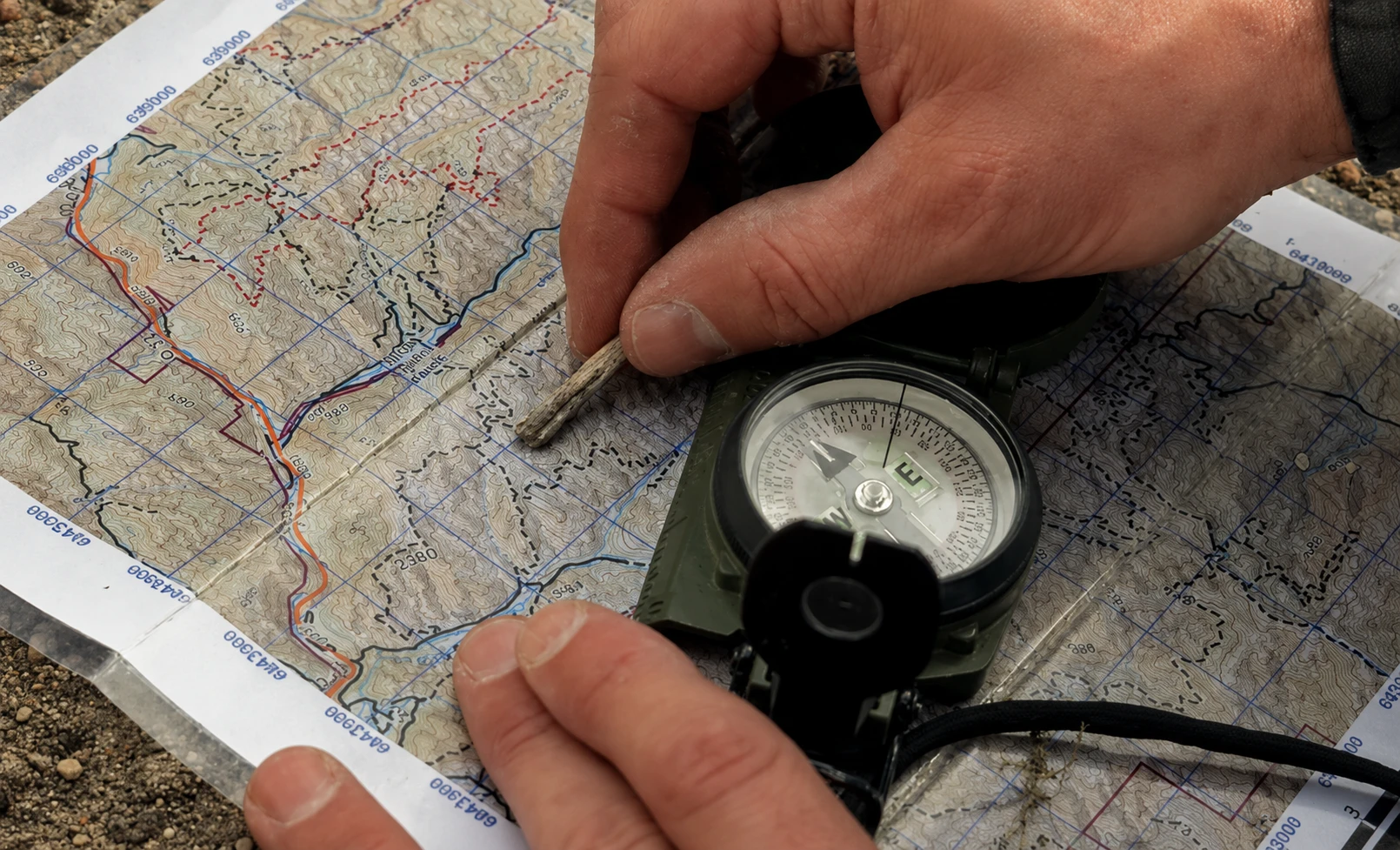 Hands holding a brass compass and folded paper map on mossy rock