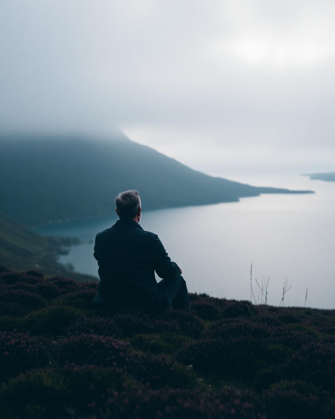 A lone observer sitting on a Highland hillside above a misty loch